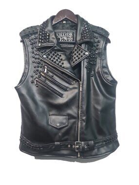 Killstar "Doom" Vegan Leather Biker Vest Size L Black